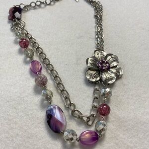 NY Collection Multi Strand Silver tone and Purple Beaded Necklace 21”